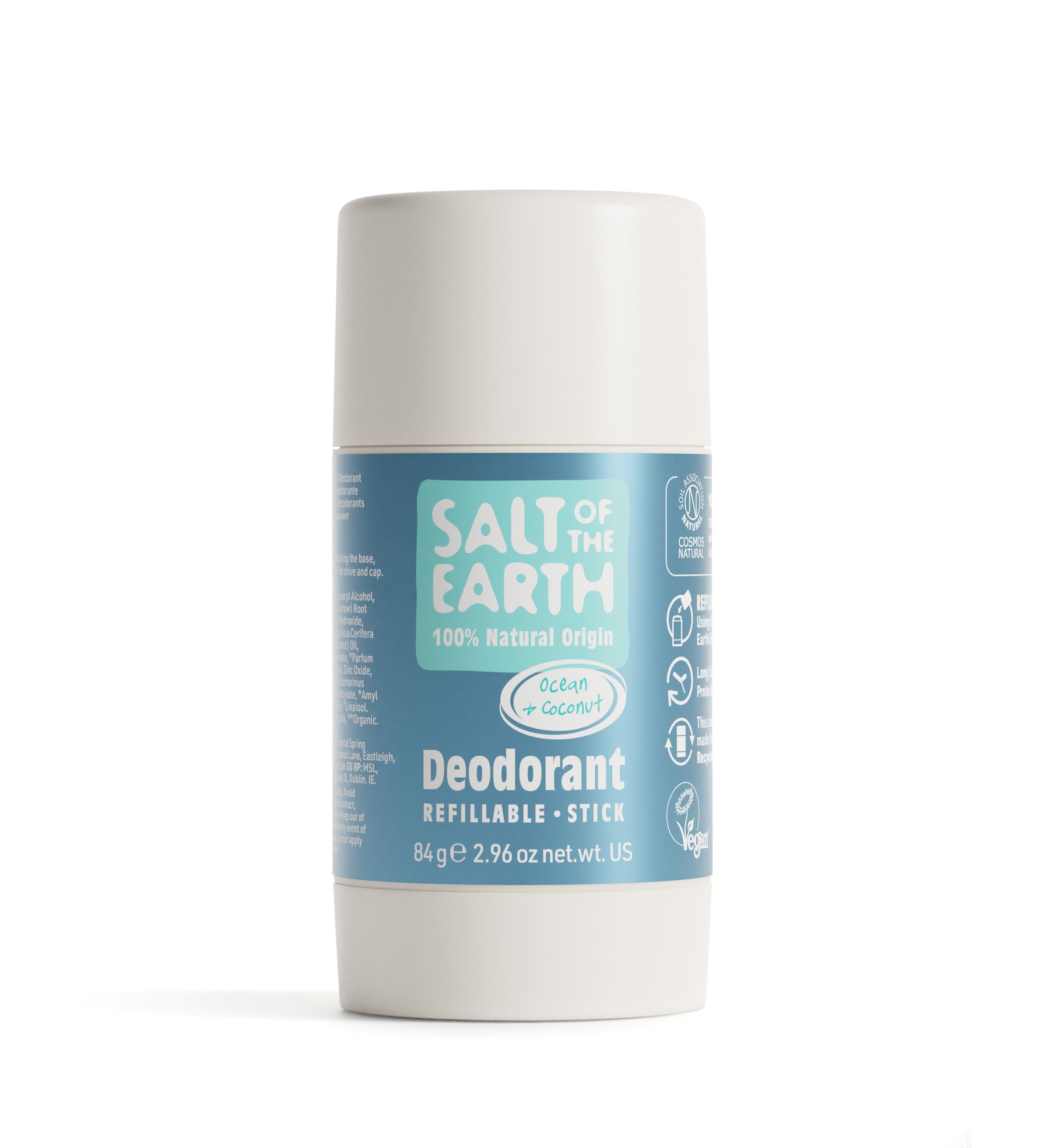 Salt of the Earth 84g Ocean &amp; Coconut natural deodorant stick with refillable packaging.