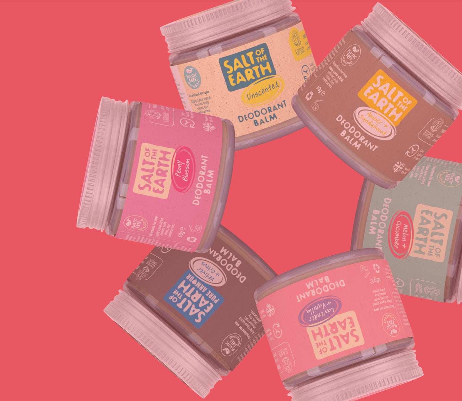 A image of a star made out of Salt of the Earth natural deodorant balms on coral coloured background 