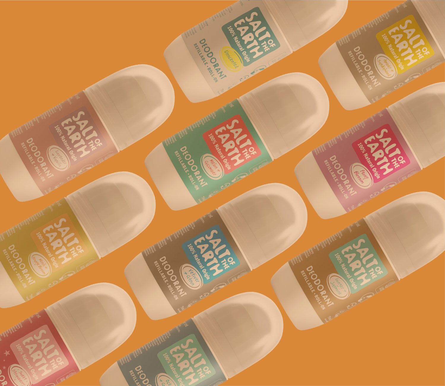 Four lines of Salt of the Earth refillable roll-on deodorants on orange back ground