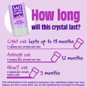 Usage duration guide for Salt of the Earth Rock Chick Natural Deodorant Crystal - light use lasts up to 18 months, average use 12 months, heavy use 3 months.